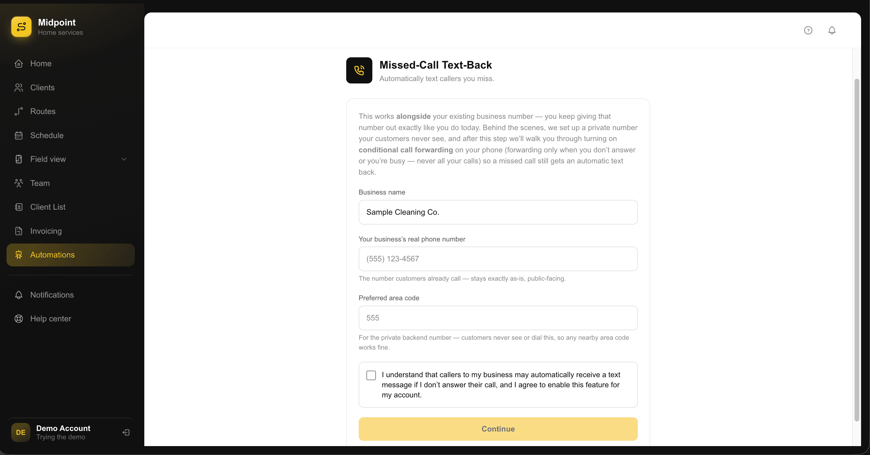 The Missed-Call Text-Back setup screen in Midpoint’s Automations section, showing an unchecked consent checkbox labeled "I understand that callers to my business may automatically receive a text message if I don’t answer their call, and I agree to enable this feature for my account," directly above a disabled "Continue" button.